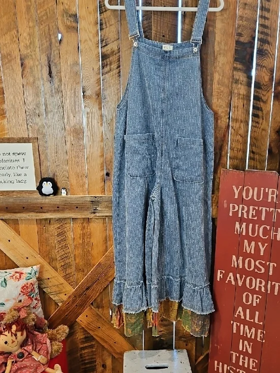 387 POL Denim Ruffled Hem Overalls with Patchwork Trim - Picture 5 of 12